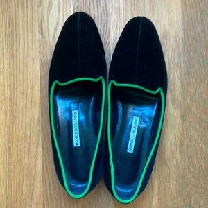Manolo Blahnik velvet loafers with green trim. GREAT condition